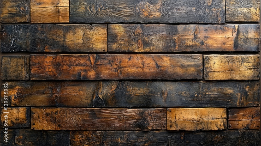 A textured wooden wall featuring dark and light planks arranged in a rustic pattern. A textured wooden wall featuring dark and light planks arranged in a rustic pattern.