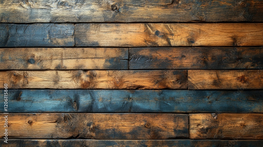 Fototapeta premium A textured wooden wall with a mix of brown and blue tones, ideal for backgrounds or rustic decor.
