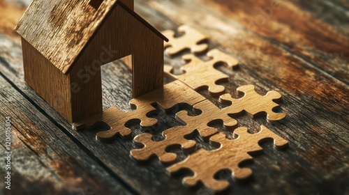 Wooden house model beside incomplete jigsaw puzzle on rustic wood. photo