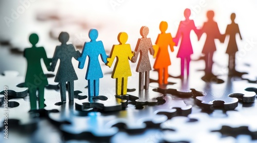 Wallpaper Mural Colorful wooden figures holding hands on a puzzle background, symbolizing unity and teamwork. Torontodigital.ca