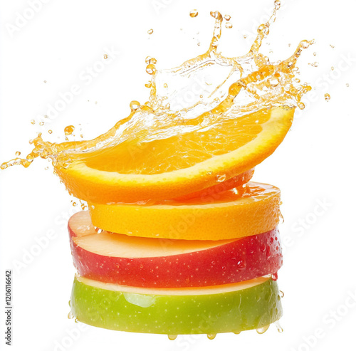 Artful stack of fruit slices with juice splashes