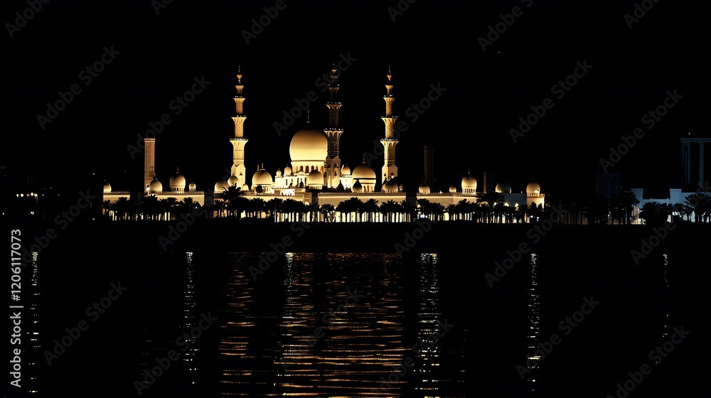Fototapeta premium Illuminated Mosque at Night Reflecting on Water