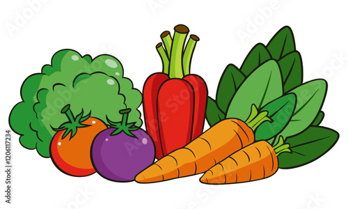 Vibrant Fresh Vegetables Illustration Featuring Broccoli, Carrots, Bell Pepper, Spinach, Tomatoes, and Eggplant