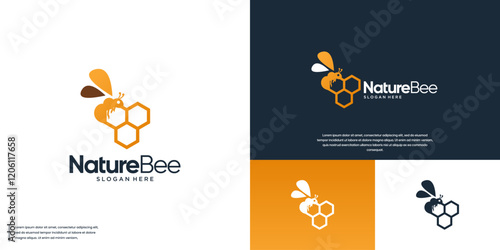 minimalist hexagon honey bee, insect worker, natural product, vector graphic illustration.