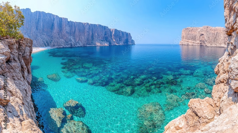 Secluded turquoise cove, clear water, rocky cliffs, summer sun, travel destination Secluded turquoise cove, clear water, rocky cliffs, summer sun, travel destination