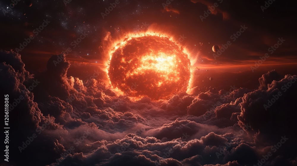 Fototapeta premium Cosmic Explosion in Orange and Red Above Billowing Cloudscape