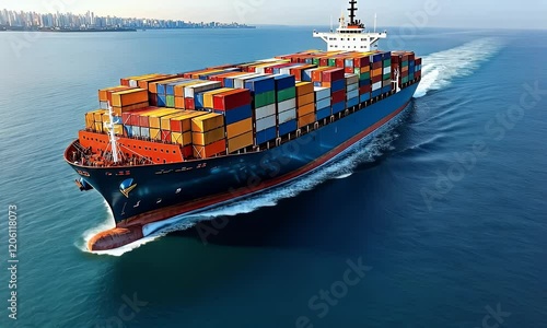Container ship sailing ocean, city skyline background, global trade