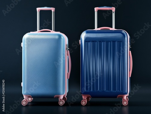 wo modern hard-shell suitcases in blue and navy with pink accents, featuring telescopic handles and wheels, set against a dark background photo