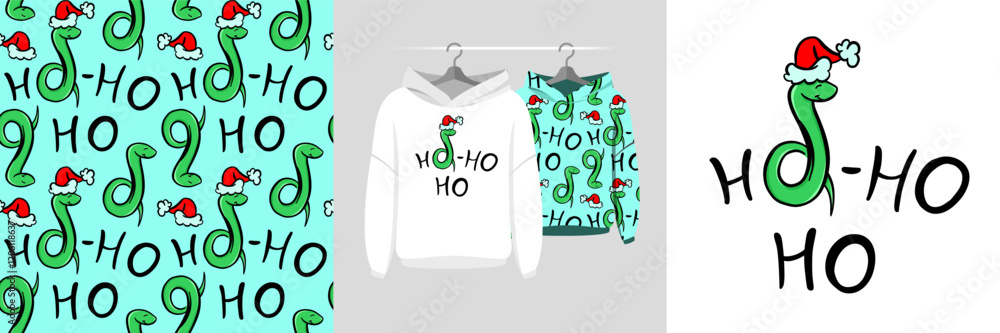 Naklejka premium Seamless Christmas pattern and illustration with snakes, Ho-ho-ho text, Happy new year 2025, holidays cartoon cute design for t-shirt, decor, invitation, wrapping