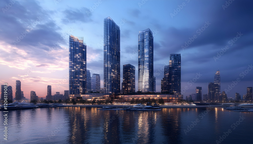 Fototapeta premium Twilight Panorama of Modern Skyscrapers and Harbor in City -
