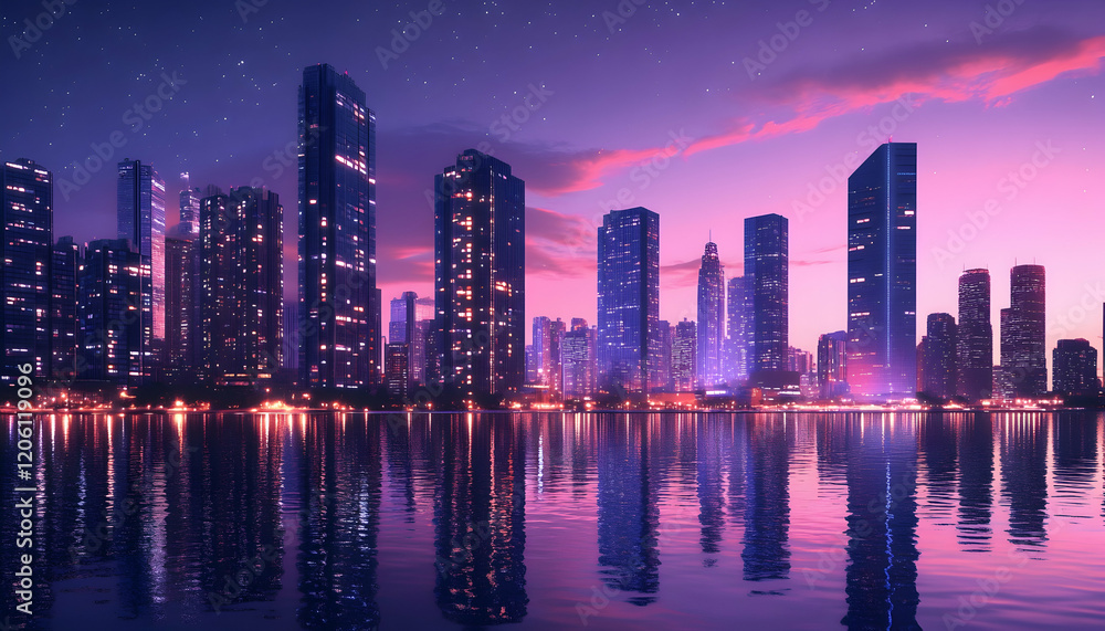 Fototapeta premium Twilight Panorama of Modern Skyscrapers and Harbor in City -