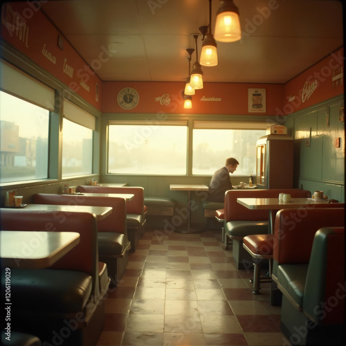 Quiet diner scene with a lone figure sitting at a booth bathed in soft light