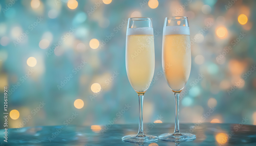 Two elegant champagne glasses filled with a bubbly drink against sparkling lights backdrop - Two elegant champagne glasses filled with a bubbly drink against sparkling lights backdrop -