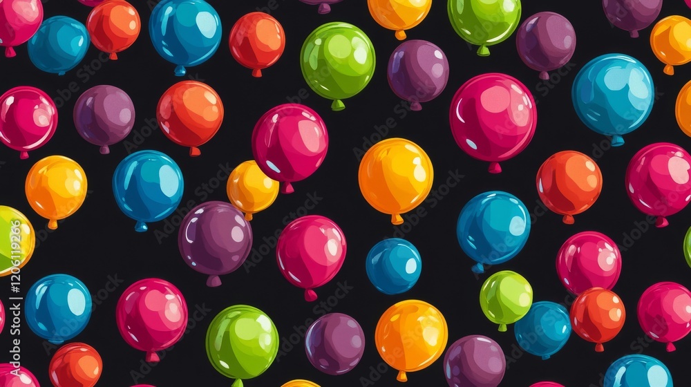 A vibrant pattern of colorful balloons in shades of red, blue, yellow, green, and purple floating against a black background, creating a festive and playful atmosphere A vibrant pattern of colorful balloons in shades of red, blue, yellow, green, and purple floating against a black background, creating a festive and playful atmosphere