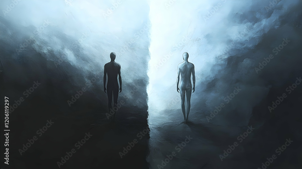 Fototapeta premium Two human figures standing on opposite sides, symbolizing contrasts between light and dark, good and evil -