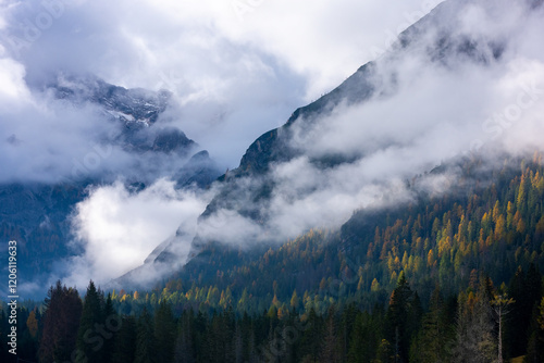 Stunning landscape between drive to Durrenstein trial head in autumn, Dolomite Italy. photo