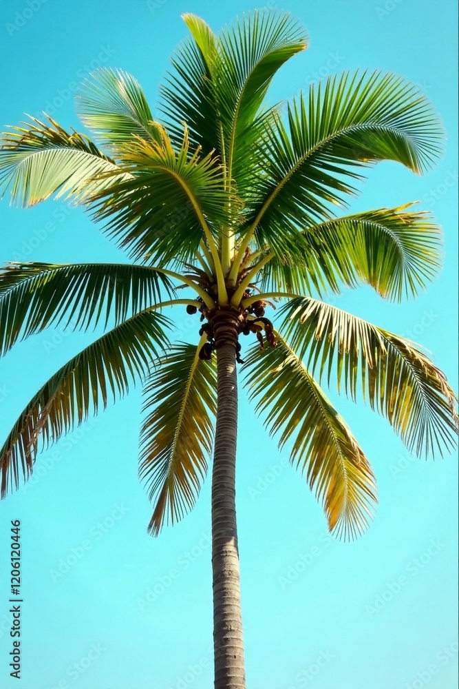 Obraz premium A beautiful tall palm tree against a bright blue sky, showcasing vibrant green leaves.