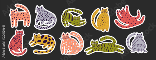 Set of funny modern cats stickers. Illustration for card, print on clothes. Vector cute kitten. Hand drawn background for design and card, covers, package, wrapping paper. 
