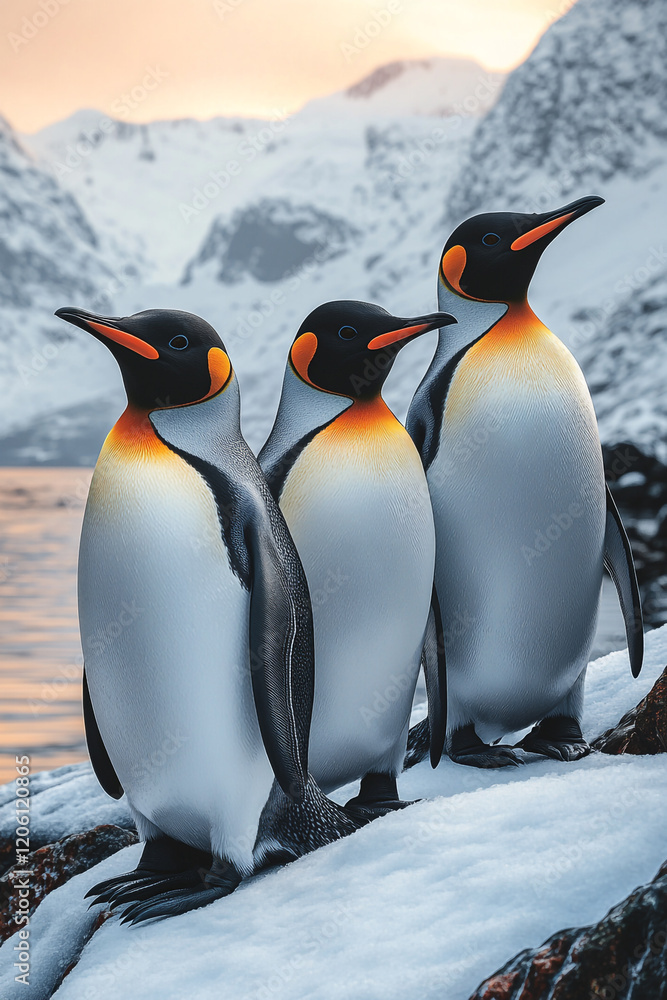 Fototapeta premium Three King Penguins Huddle Together In Snowy Landscape
