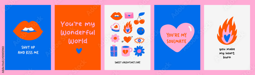 Fototapeta premium Valentine's Day hand drawn pre-made cards. Template for greeting cards, posters, planners. Vector collection of love symbols and quotes about love.