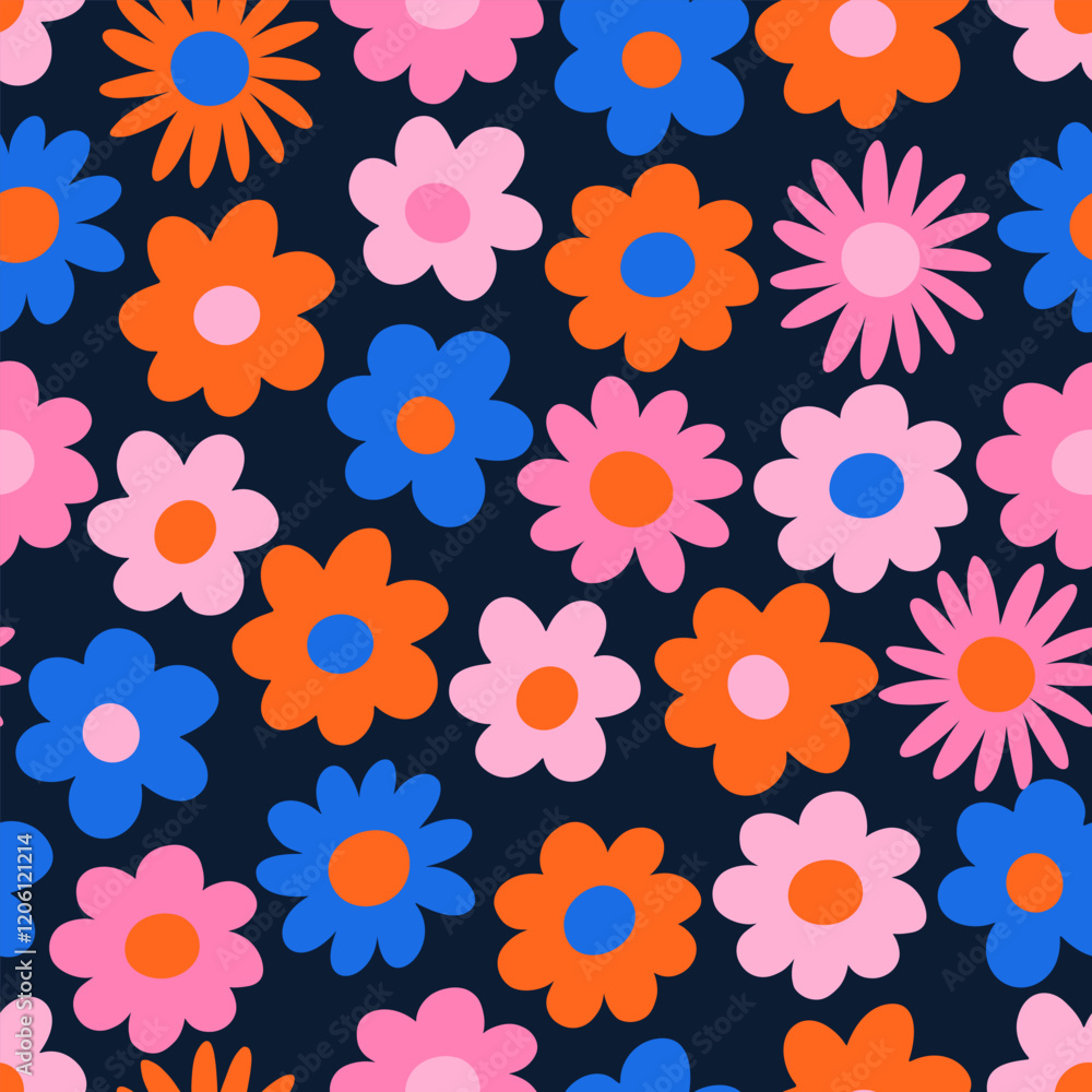 Seamless pattern with flowers. Spring mood. Cute flowers. Retro background for design and card, covers, package, wrapping paper. Seamless pattern with flowers. Spring mood. Cute flowers. Retro background for design and card, covers, package, wrapping paper.