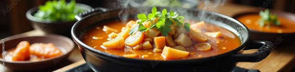 A steaming bowl of delicious soup garnished with fresh herbs and vegetables. A steaming bowl of delicious soup garnished with fresh herbs and vegetables.