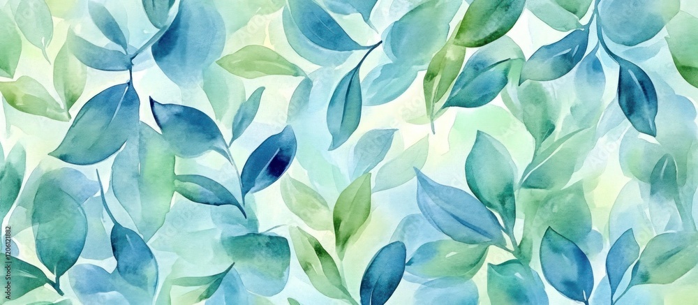 Seamless watercolor pattern with smooth brushstrokes featuring blue and green leaves Seamless watercolor pattern with smooth brushstrokes featuring blue and green leaves