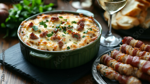 Creamy baked delight in a green ceramic dish beside savory skewers photo