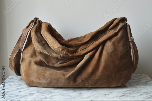 Slouchy suede hobo bag on marble table photo