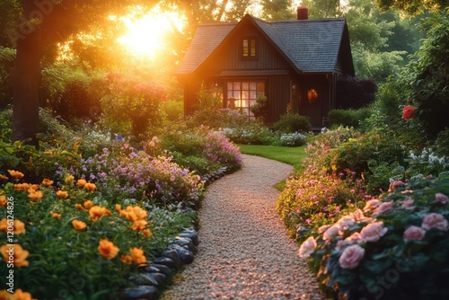 Cozy garden path with flowers lining the way to a charming cottage, surrounded by lush greenery and the soft light of a setting sun. photo