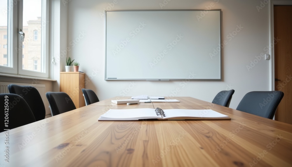 Simple, functional workshop room with a table, pens, and a notepad, clean space set for a teamwork session, collaborative environment