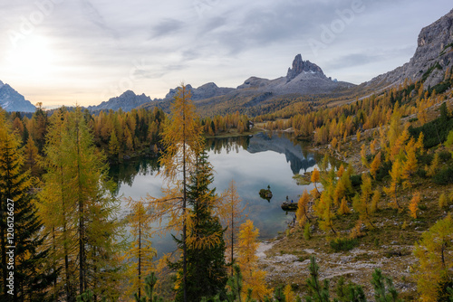 Stunning landscape of Federa lake in autumn, Dolomite Italy. photo