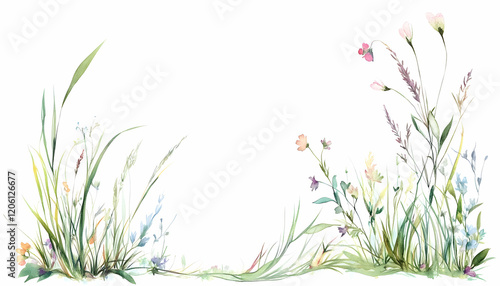 Watercolor grass and floral accents forming an intricate side border, ideal for transparent designs AI Generated