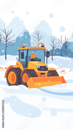 Cartoon Vector of Snow Removal Tractors Clearing Winter Avenues for Municipal Services