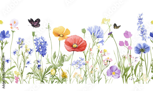 Vibrant Summer Wildflower Field with Butterflies Vector Illustration