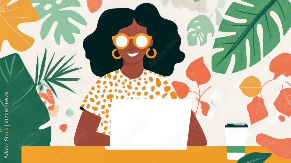 Fototapeta premium Woman working on laptop amidst tropical leaves illustration