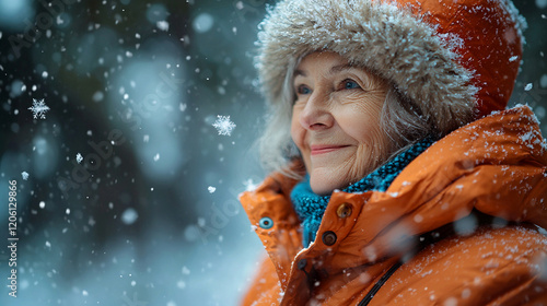 Elderly woman enjoying a snowy winter day while wearing a stylish orange coat with a fur-lined hood