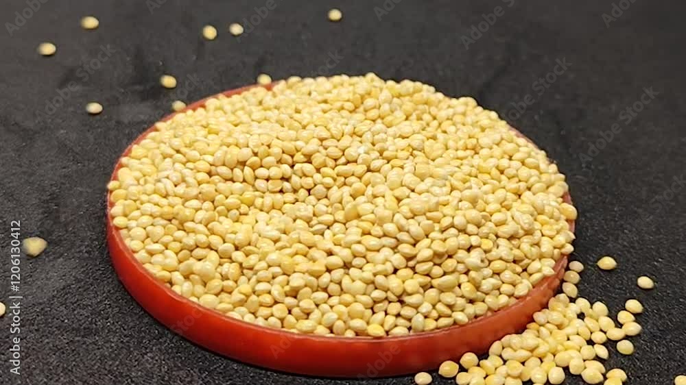 Organic millet being poured into a red container. Organic millet being poured into a red container.