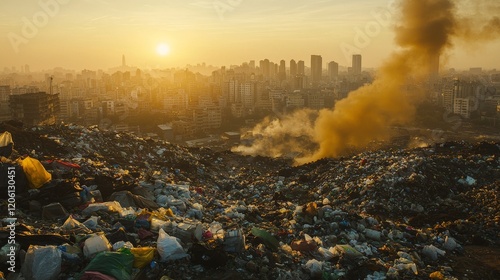 A haze-covered landfill site releases harmful gases and fumes, perpetuating environmental degradation and air pollution through ongoing waste disposal