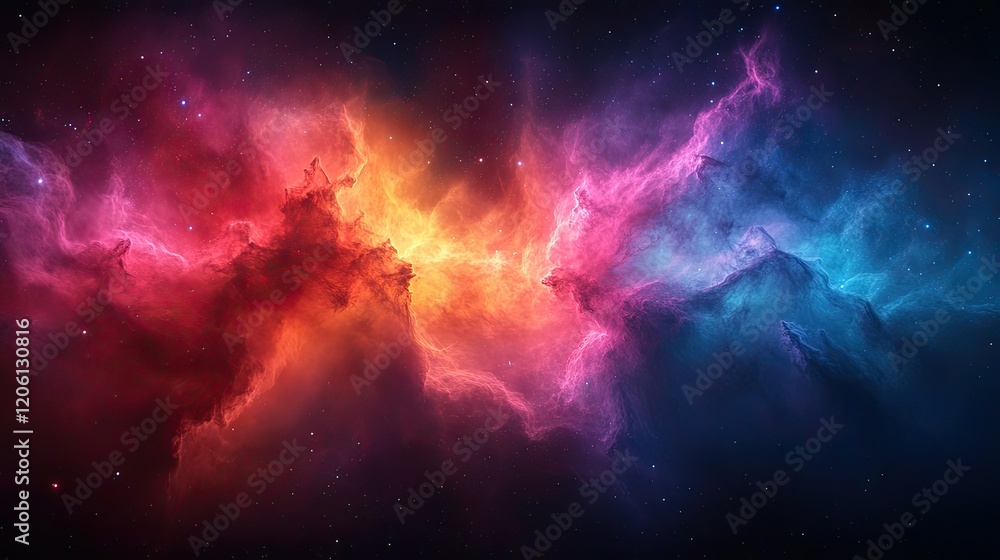 Naklejka premium A vibrant cosmic nebula filled with swirling colors and starry background, evoking a sense of wonder.