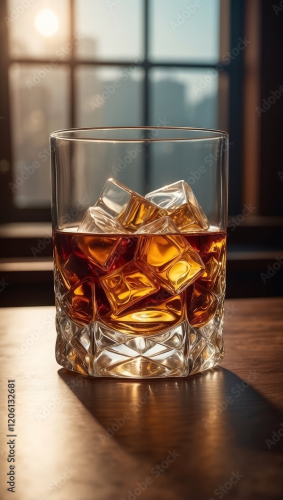 Close-up of premium amber whiskey in an elegant crystal glass with ice cubes. Professional beverage photography with warm lighting highlighting the rich color and texture of the spirit. Perfect for lu Close-up of premium amber whiskey in an elegant crystal glass with ice cubes. Professional beverage photography with warm lighting highlighting the rich color and texture of the spirit. Perfect for lu