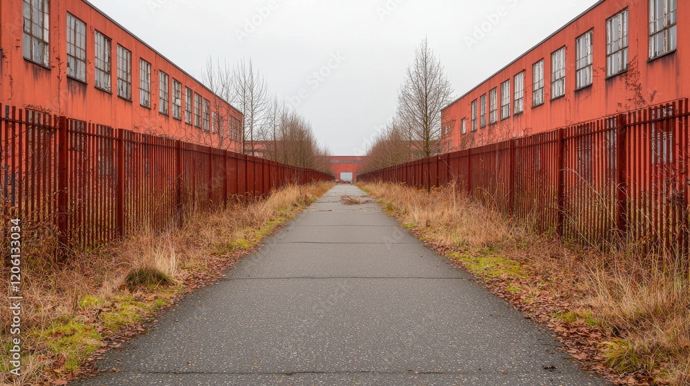 Fototapeta premium An empty pathway flanked by red industrial buildings, surrounded by overgrown grass, creating a sense of abandonment and stillness.