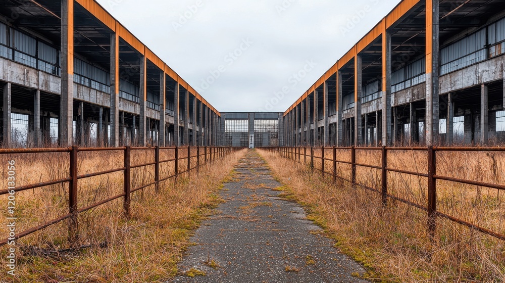 Obraz premium A desolate pathway flanked by abandoned buildings and overgrown grass, under a cloudy sky, creating a haunting, yet serene atmosphere.