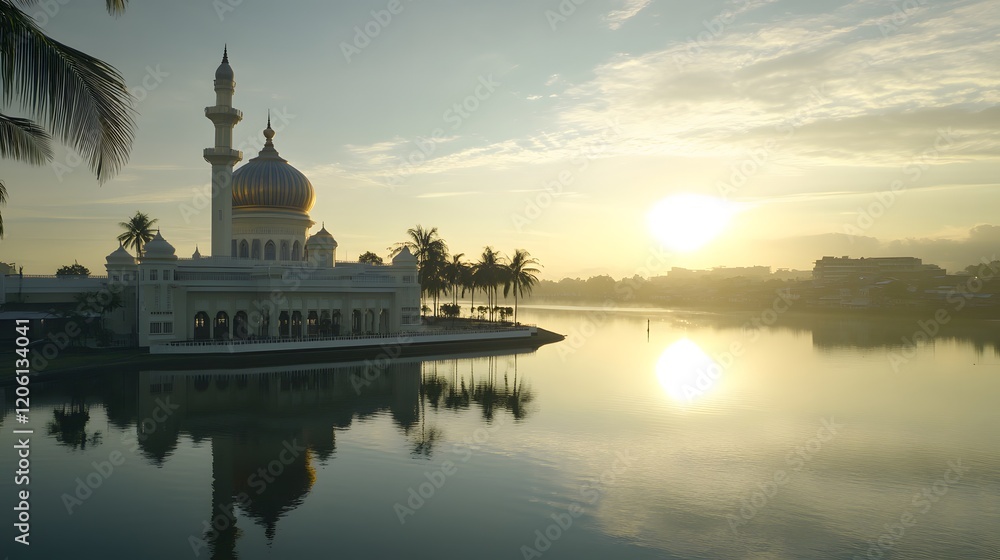 Obraz premium Majestic Mosque Reflecting in Calm Waters at Sunrise