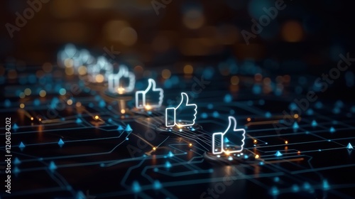 Digital illustration of glowing thumbs-up icons connected by lines, symbolizing social media engagement and positive interactions. photo