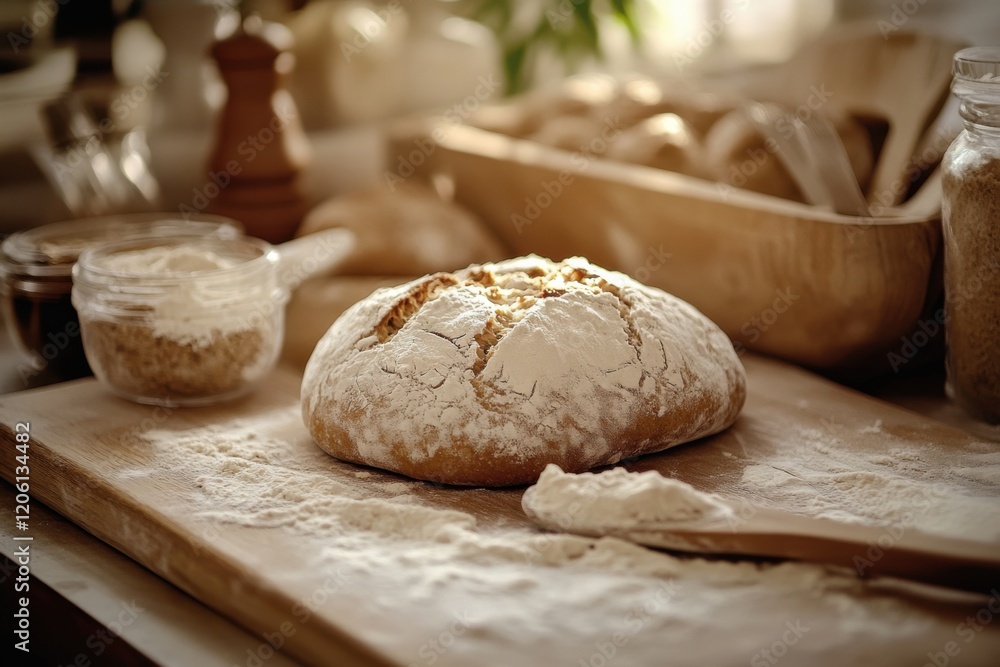 A gluten-free bread baking scene, featuring freshly baked loaves, dough preparation A gluten-free bread baking scene, featuring freshly baked loaves, dough preparation