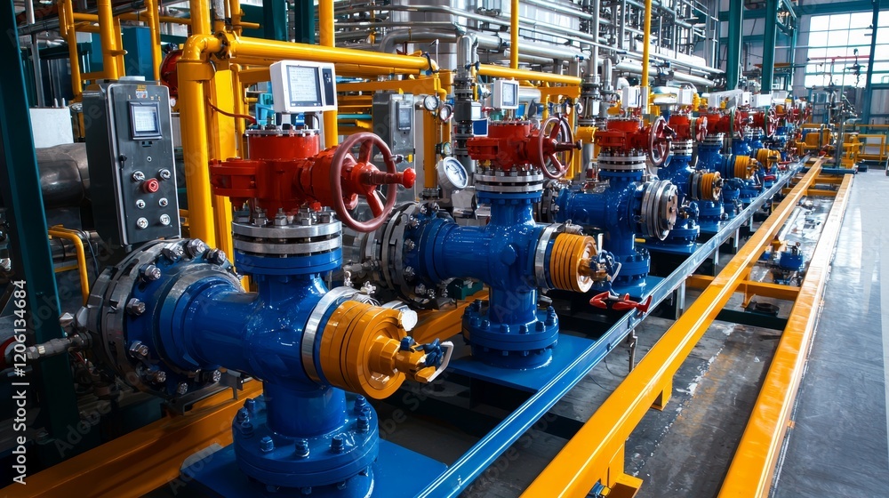 A close-up shot of a detailed network of pipes and valves situated on a metal rack in a major chemical processing plant A close-up shot of a detailed network of pipes and valves situated on a metal rack in a major chemical processing plant