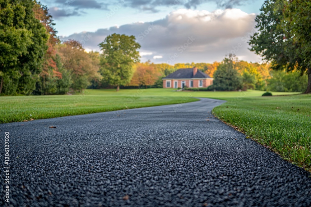 A freshly built driveway featuring new asphalt and tidy edges, revitalizing an outdoor space, shown in a flat design side view with lively color animation A freshly built driveway featuring new asphalt and tidy edges, revitalizing an outdoor space, shown in a flat design side view with lively color animation