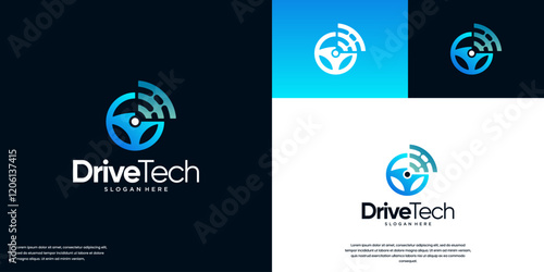 driving safety logo with steering wheel concept, modern technology style, innovation, vector graphic design.