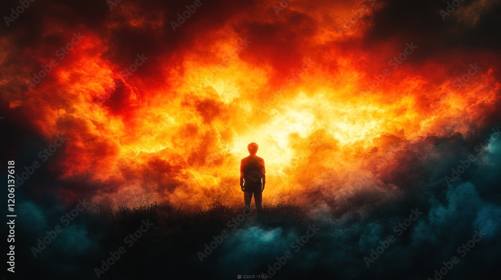 Obraz premium Fiery Sky, Lone Figure, Apocalyptic Landscape, Dramatic Artwork